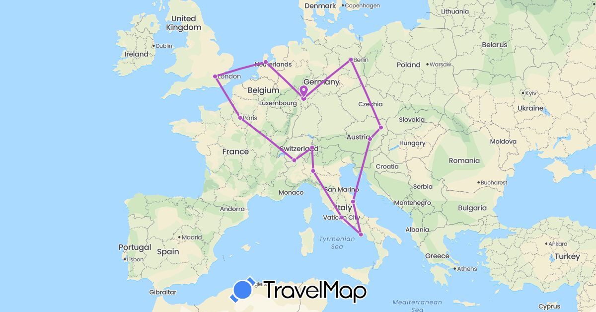TravelMap itinerary: driving, train in Austria, Switzerland, Germany, France, United Kingdom, Italy, Netherlands (Europe)